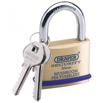 Solid Brass Padlock & 2 Keys with Mushroom Pin Tumblers Hardened Steel Shackle & Bumper, 50mm