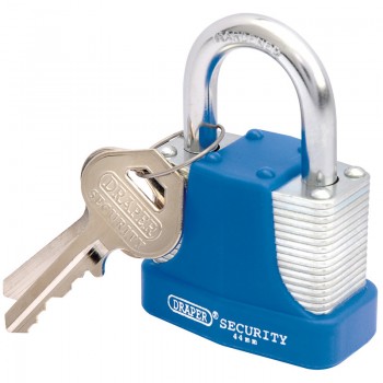 Laminated Steel Padlock and 2 Keys with Hardened Steel Shackle and Bumper, 44mm Laminated Steel Padlock and 2 Keys with Hardened Steel Shackle and Bumper, 44mm