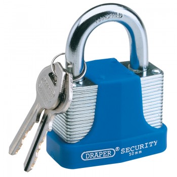 Laminated Steel Padlock and 2 Keys with Hardened Steel Shackle and Bumper, 50mm Laminated Steel Padlock and 2 Keys with Hardened Steel Shackle and Bumper, 50mm